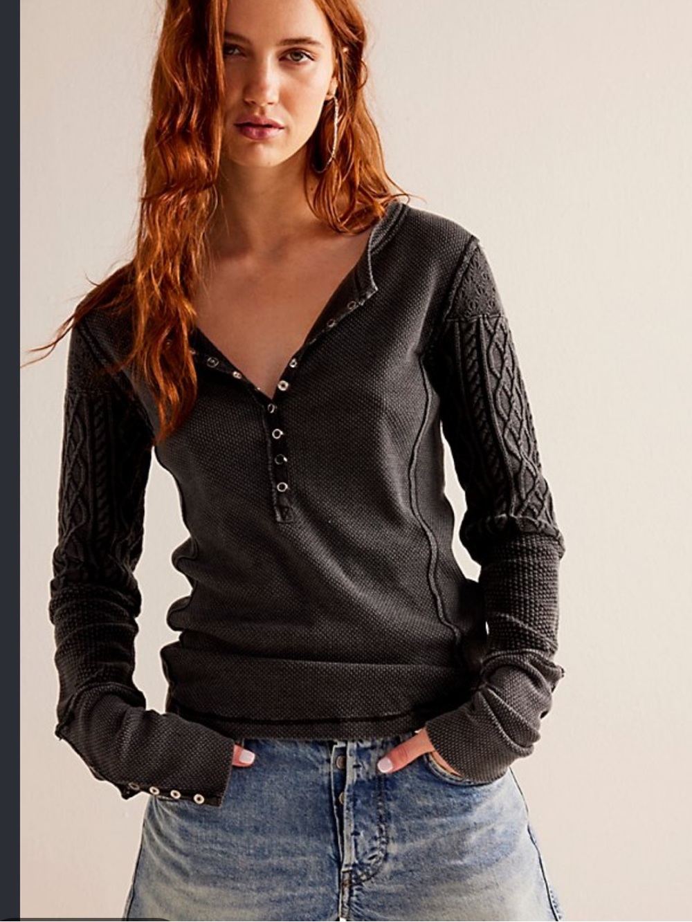 We The Free by Free People Dark Gray Thermal Knit Long Sleeve Top, Small